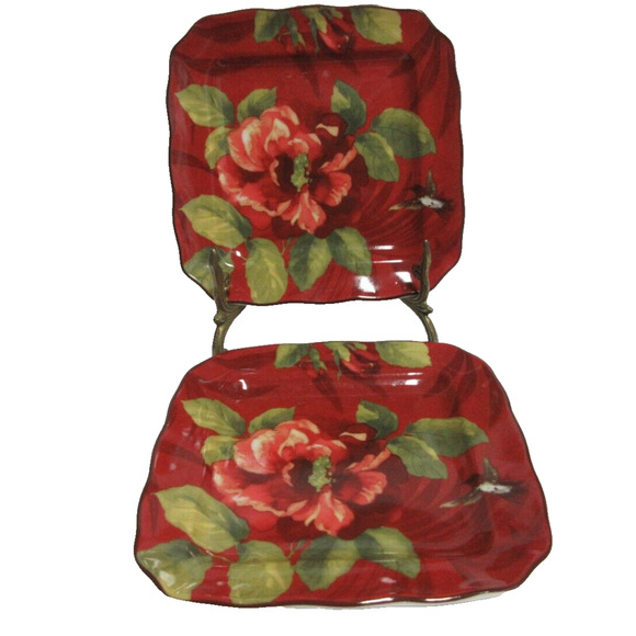 222 FIFTH Appetizer/Dessert Set 2 Square FINE CHINA Square Plate Belize Flower - Picture 1 of 6